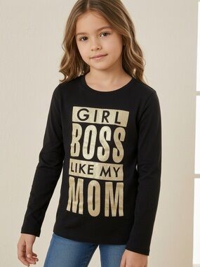 Place Black Long-Sleeve Tee with Gold 'GIRL BOSS LIKE MY MOM' Graphic